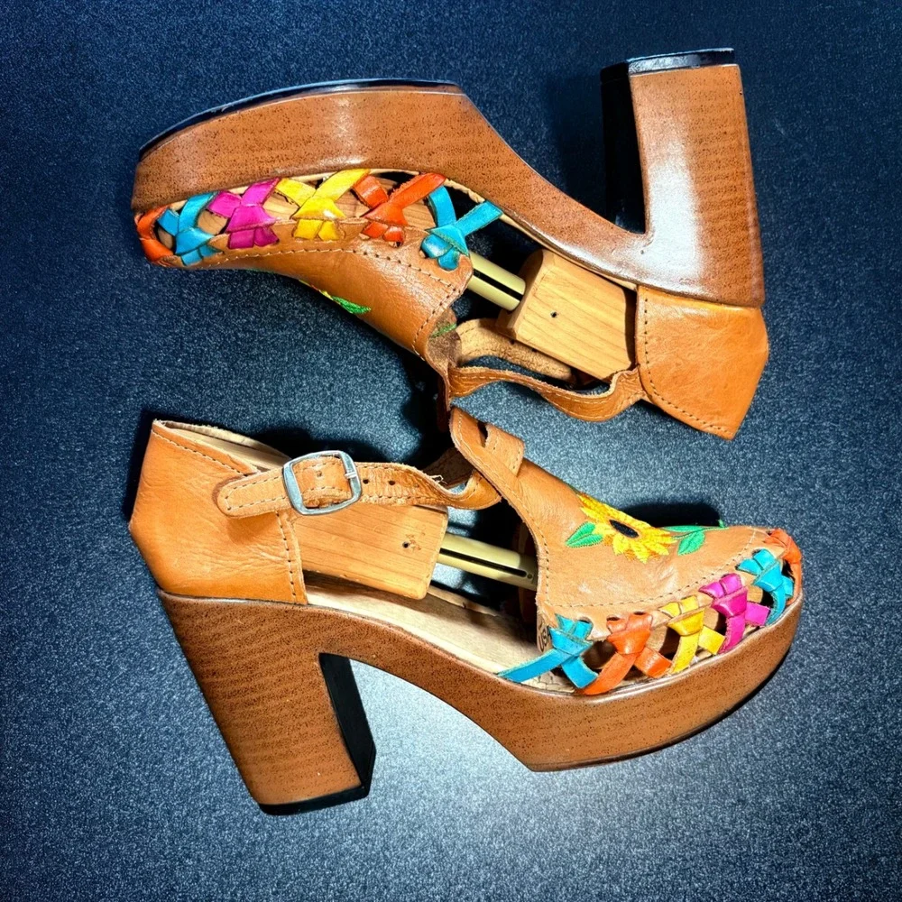 handmade Mexican huarache platform heels Embroidered Bonita clogs leather size 7